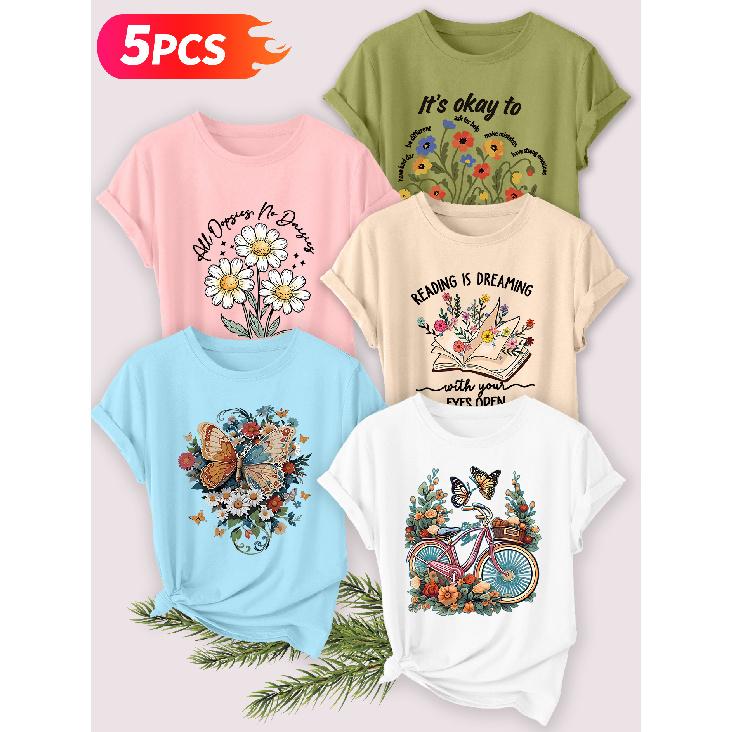 Five-piece set Elegant short-sleeved shirt for women Daisy Butterfly Print Round Neck Women's Casual Sportswear T Shirt Suitable for spring and
