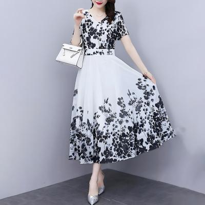 Damen Blumen Maxi Kleid Chinesischer Kunststil Druck A-Linie Langes Kleid Sommer Kurzarm V-Ausschnitt Strand Sommerkleid