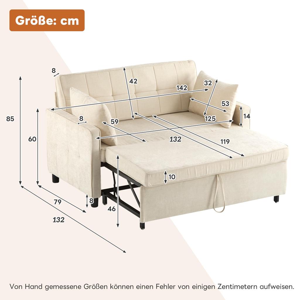 Sofabett mit Schlaffunktion, ausziehbar Schlafsofa Zweisitzer mit verstellbare Rückenlehne, Chenille-Stoff, mit komfortable Kissen, Beige