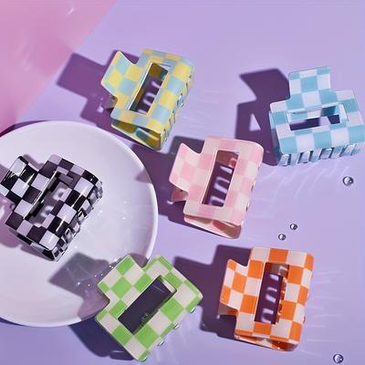 1 Set of Women's Plaid Holloway Medium Square Clip PVC Material French Clip Multi-color Checkerboard Clip Long Hair Thin Hair Su