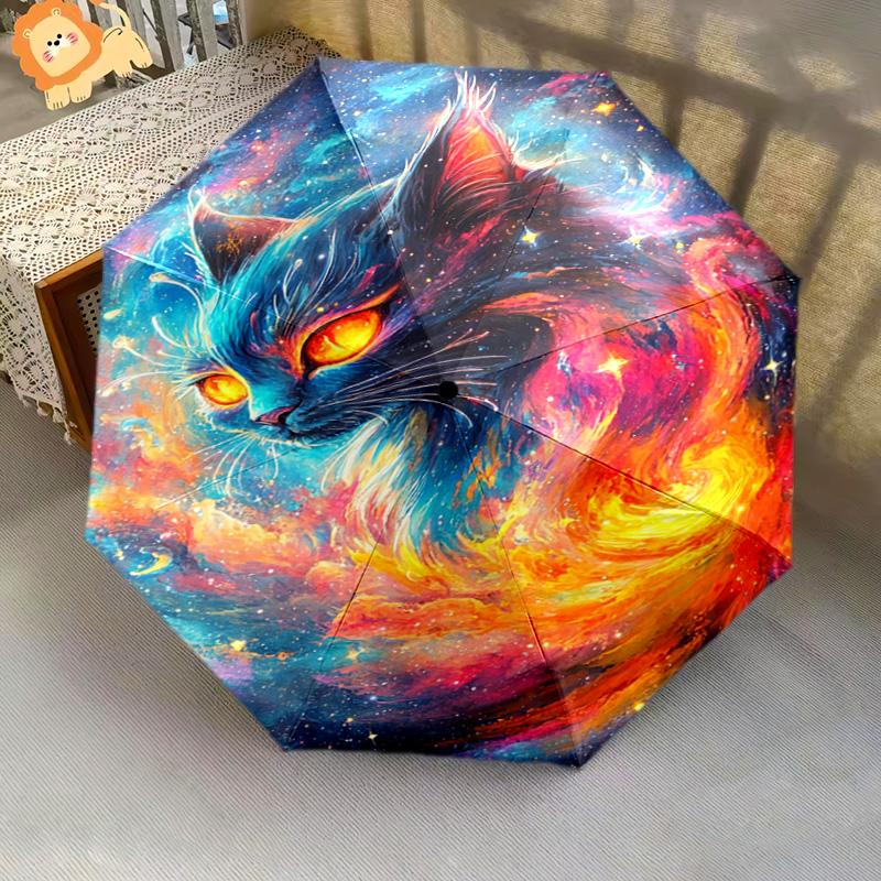 1 PC Automatic Folding Umbrella - Cosmic Cat Pattern, Portable & Foldable Design with 8 Ribs, Christmas Birthday Gifts
