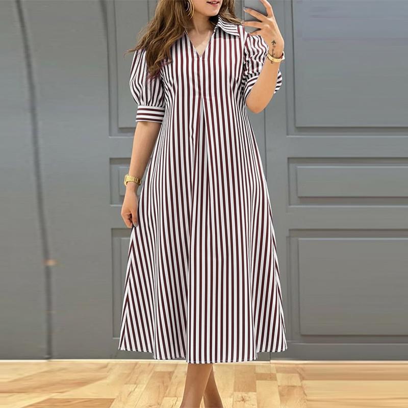 

ZANZEA Women Casual Turn Down Collar Summer Short Sleeve Stripe Dress 5XL вина червоного кольору
