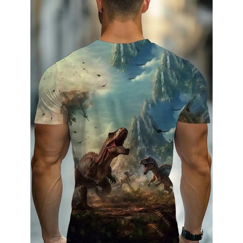 Men's 3D Dinosaur Printed T-shirt Casual Short Sleeved Round Neck Breathable Polyester Fabric Summer Style
