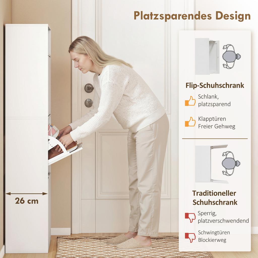 Narrow Shoe Cabinet, 3 Drop-Down Compartments, Adjustable Shelves, 12-18 Pairs, White