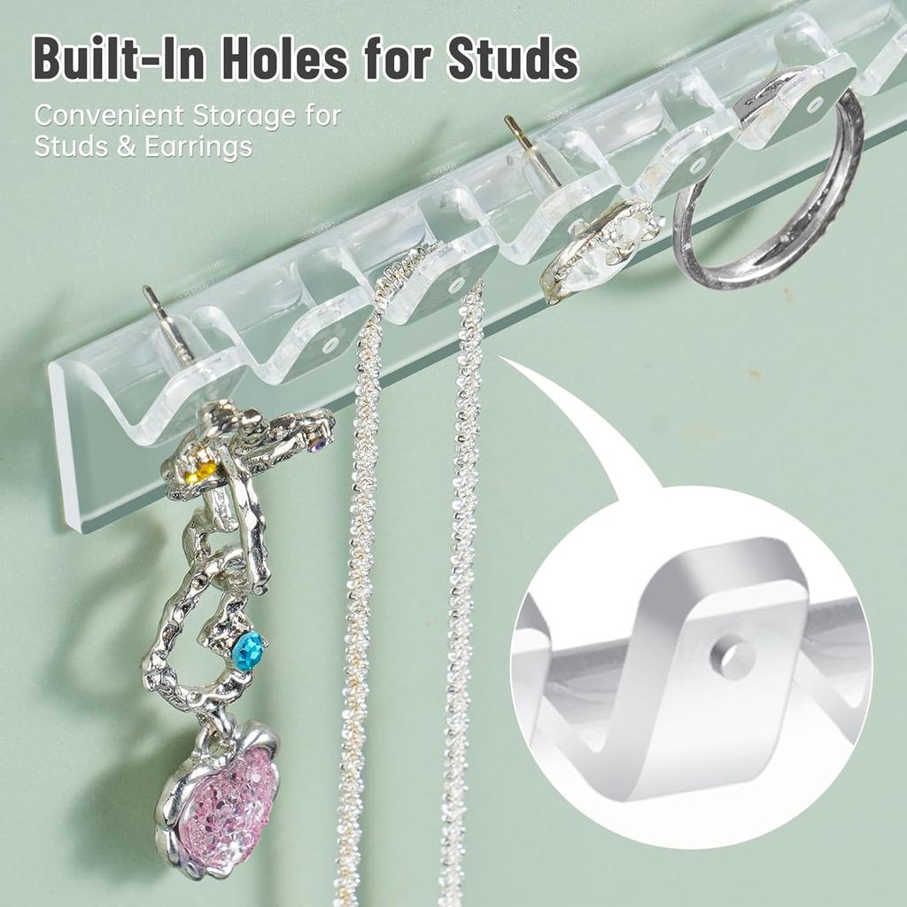 NiHome 6-Pack 48 Hooks Wall-Mounted Clear Plastic Jewelry Organizers for Earrings, Necklaces, Bracelets, Rings, Studs, No-Drill Adhesive tallation