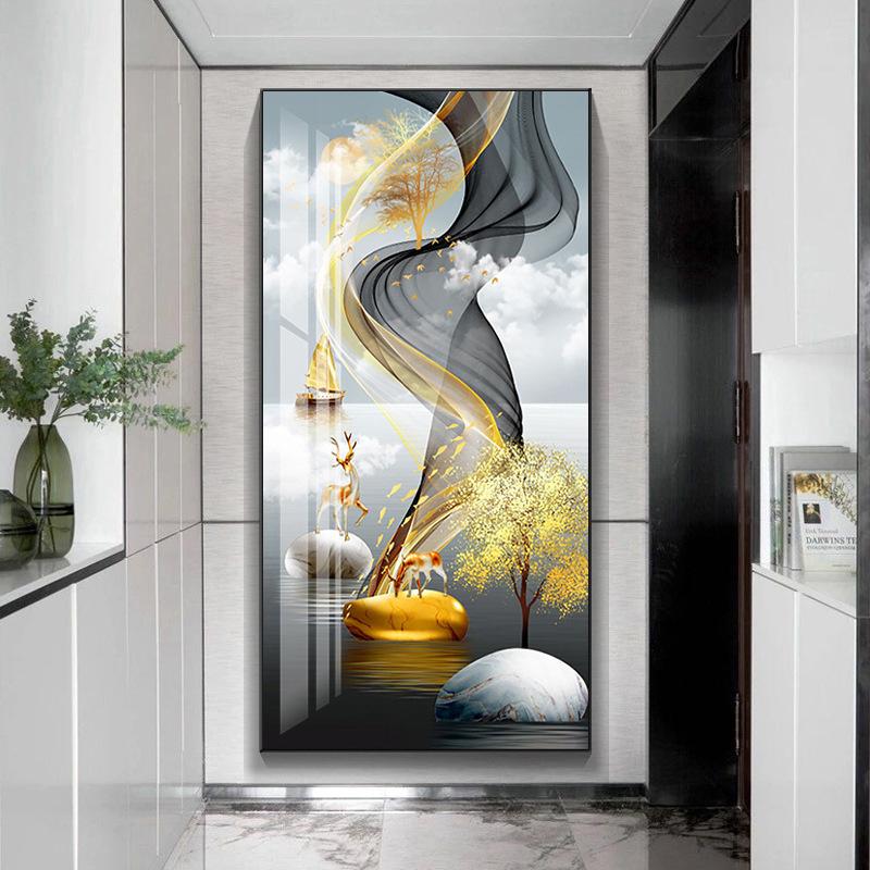 Modern Golden Rich Tree Canvas Painting Wall Art New Chinese Gold Deer Zen Stone Posters for Porch Wall Decoration Room Decor