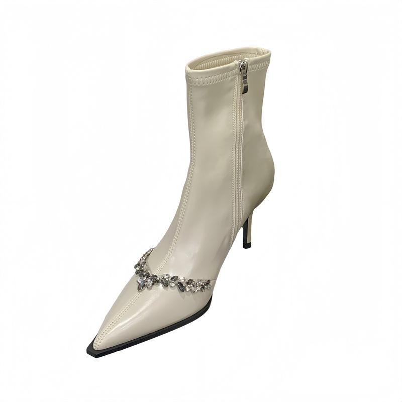 Rich Korean Celebrity Rhinestone Elastic Skinny Boots Women's Pointed Thin Heel Short Boots High Heel Skinny Side Zipper