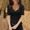 Women Off Shoulder Short Sleeved Commuting Pullover V-neck Lace Bottoming Blouse
