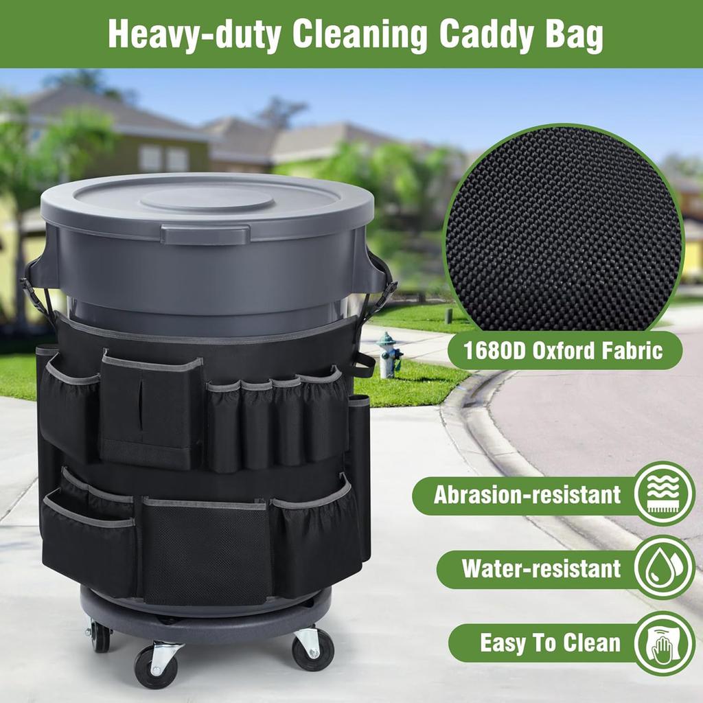 Trash Can Caddy Bag Adjustable Buckle Trash Bin Covers Large Capacity Cleaning Supplies Organizer Bag for 32-55 Gallon Porch