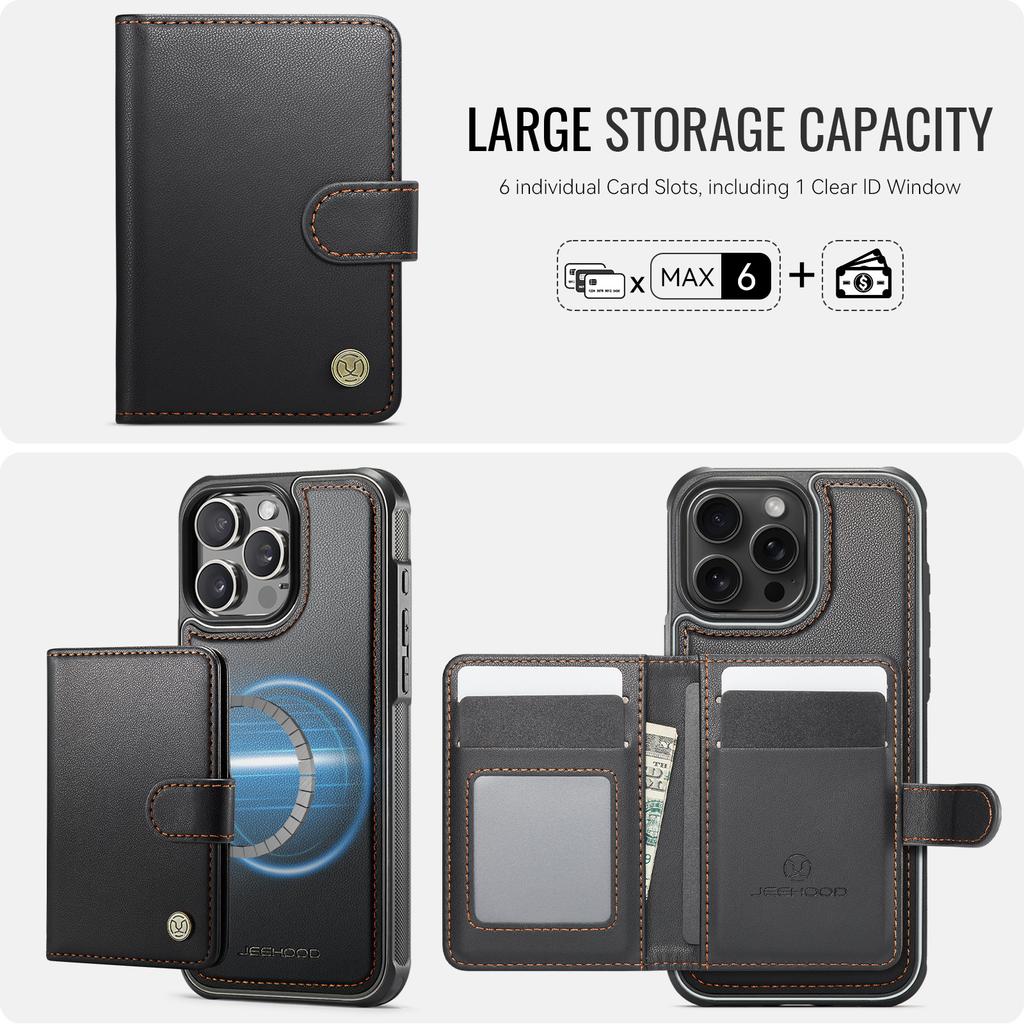 For iPhone 14 Pro Case JEEHOOD J09 RFID Blocking Card Holder Leather Back Phone Cover Compatible with MagSafe