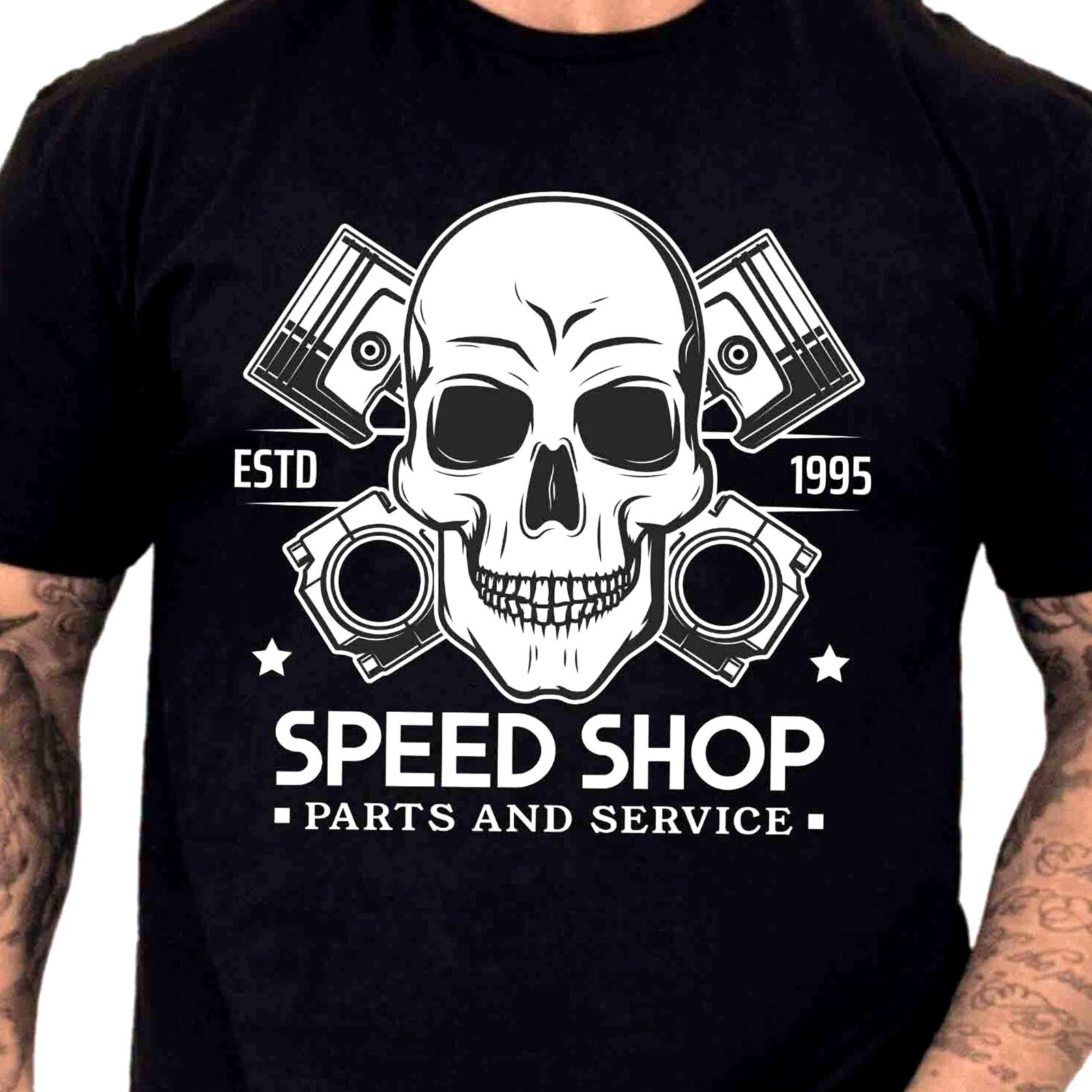 Speed Shop T-Shirt Skull Pistons Biker Graphic Tee Parts And Service Motorcycle XL