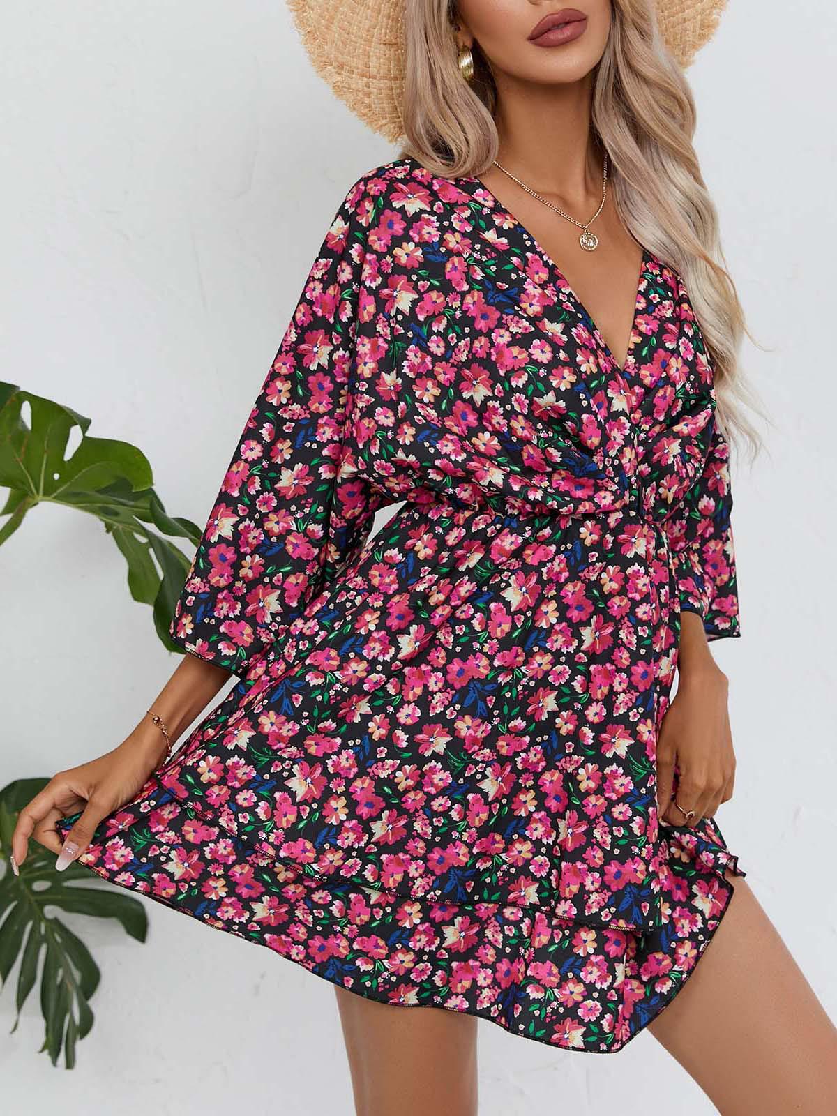 European & American Women s Summer 2026 Bestseller: Printed V-neck Dress with Three-quarter Sleeves Double Extra Large