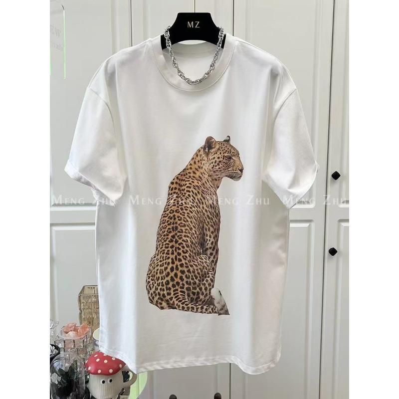 Men's Oversized Grey Leopard Print T-Shirt Short Sleeve Casual Cotton Tee Streetwear Top