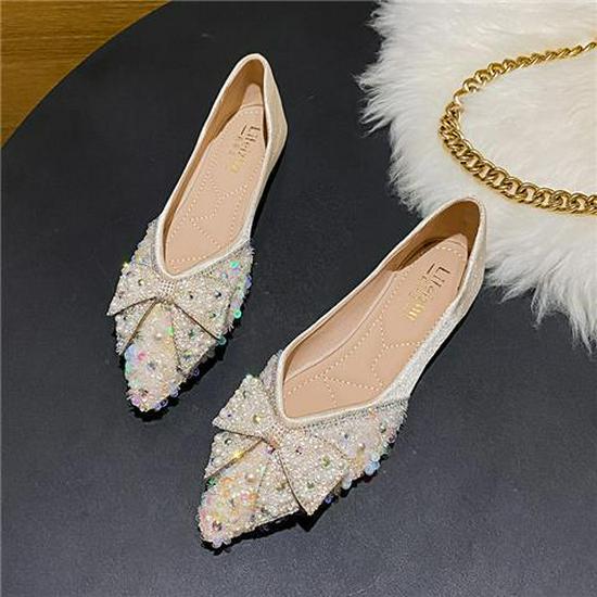 Dámské jarní ploché boty s kamínky se špičatou špičkou - Svatba, družička a elegantní společenské boty