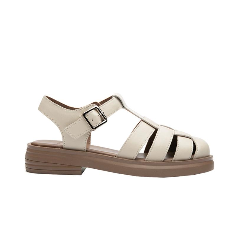 Rindslederversion Römische Sandalen Damen 2025 Sommer neue weichsohlige Taschenkopfschuhe dicksohlige Retro-Flachsohlen-Gitterpoesie-Damenschuhe