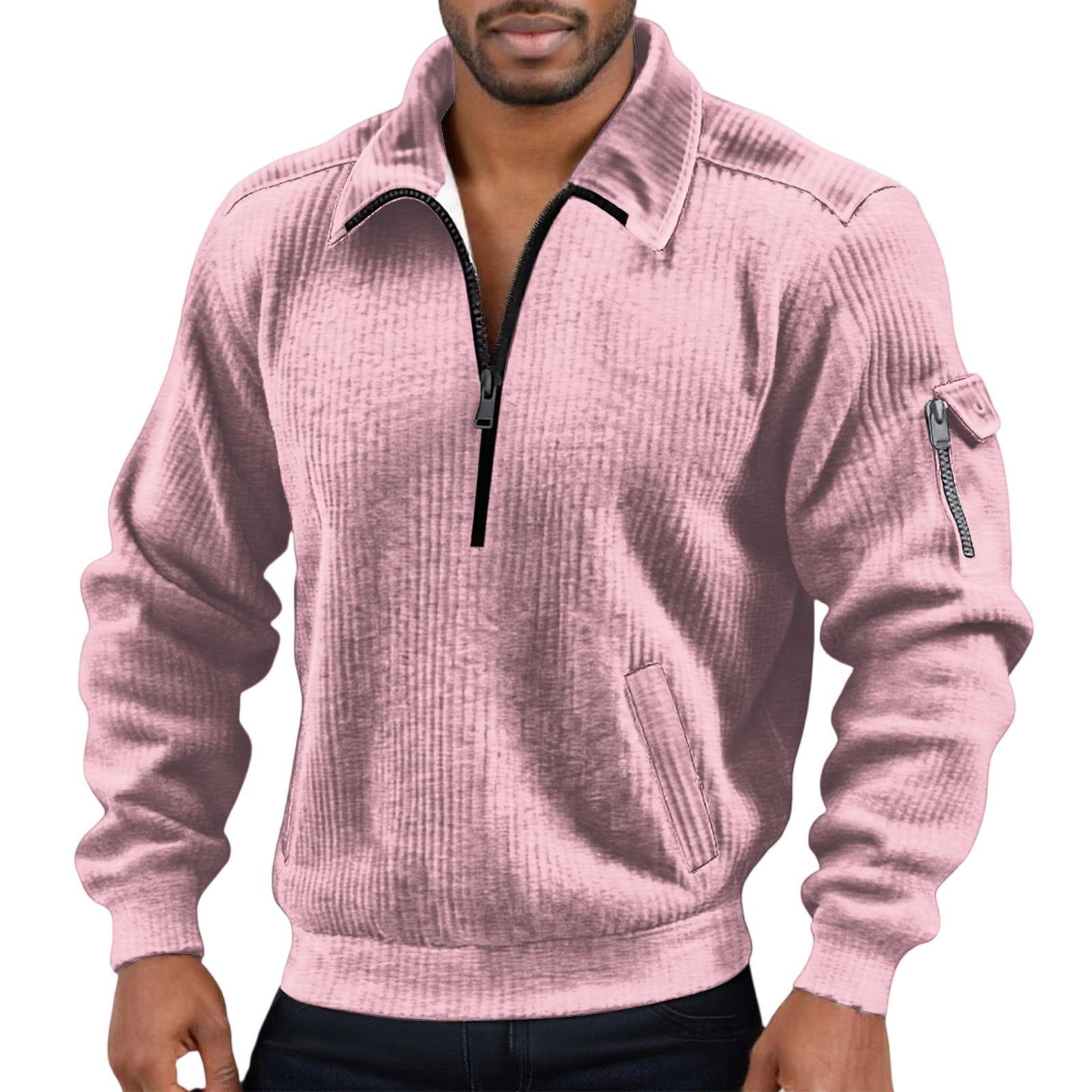 Heima A Heren Effen Kleur Corduroy Rits Hals Lange Mouw Top Heren Casual Revers Top L roze