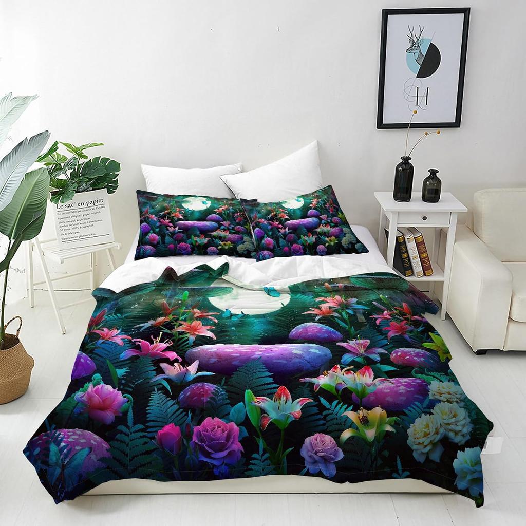 Mushroom Duvet Cover Set 2 Piece Bedding Set With Pillowcases Magic Forest 3D Printed Soft Breathable Microfibre Quilt Cover Set
