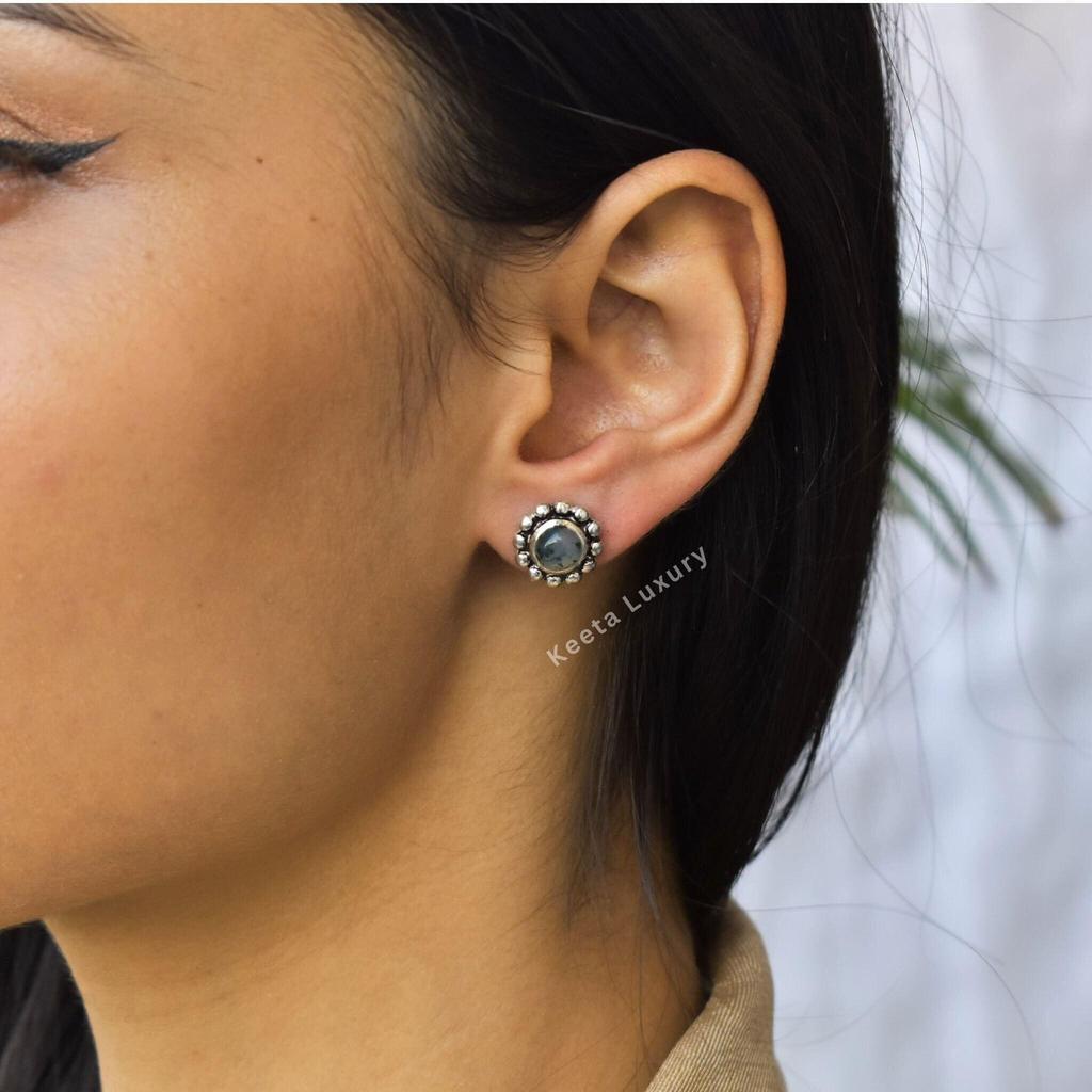 Natural Green Moss Agate Suds Healing Gemstone Studs Moss Agate Earrings for Women Daily Wear Earrings Gift for Mom or Loved Ones