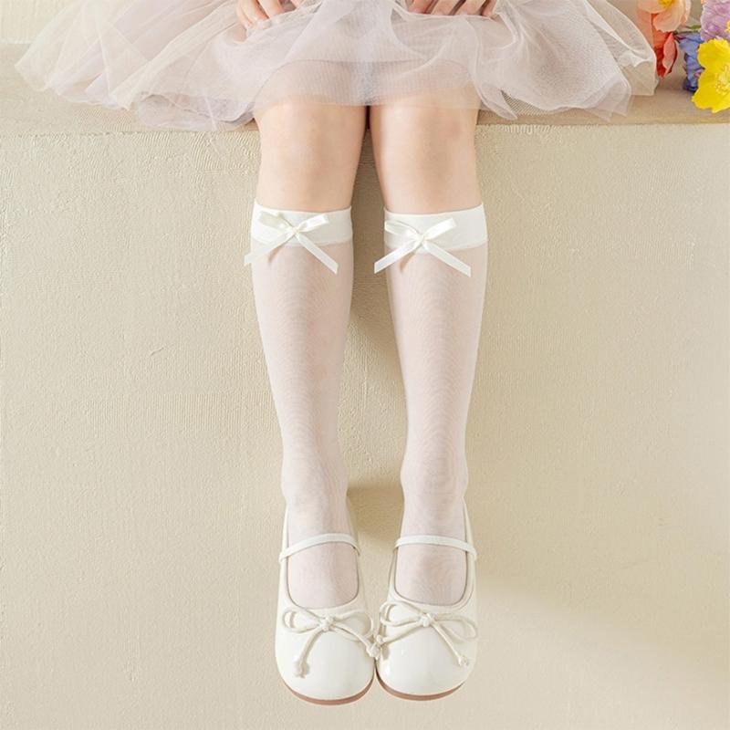 Soft & Breathable Girls Under Knee Length Socks Lovely Bowknot Accent Middle Tube Socks Stockings Enjoy Sweet Charm