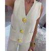 Gold Button V-neck Knitted Vest Casual Loose Trousers Knitted Two-piece Women's Suit