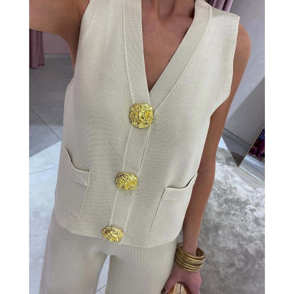Gold Button V-neck Knitted Vest Casual Loose Trousers Knitted Two-piece Women's Suit