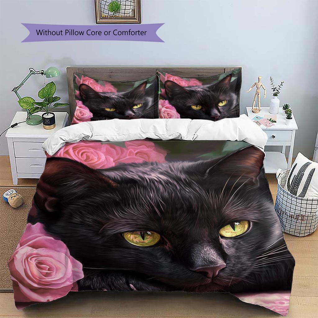 Bombay Cat and Rose Pattern Bedding Home Decoration Birthday Gift (1 * duvet cover + 2 * pillowcase, without core)
