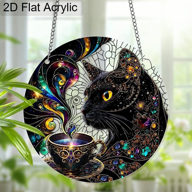 Acrylic Cosmic Black Cat with Magical Teacup Suncatcher, Stained Glass Effect Window Hanging Ornament for Mystical Cat Lover Gifts
