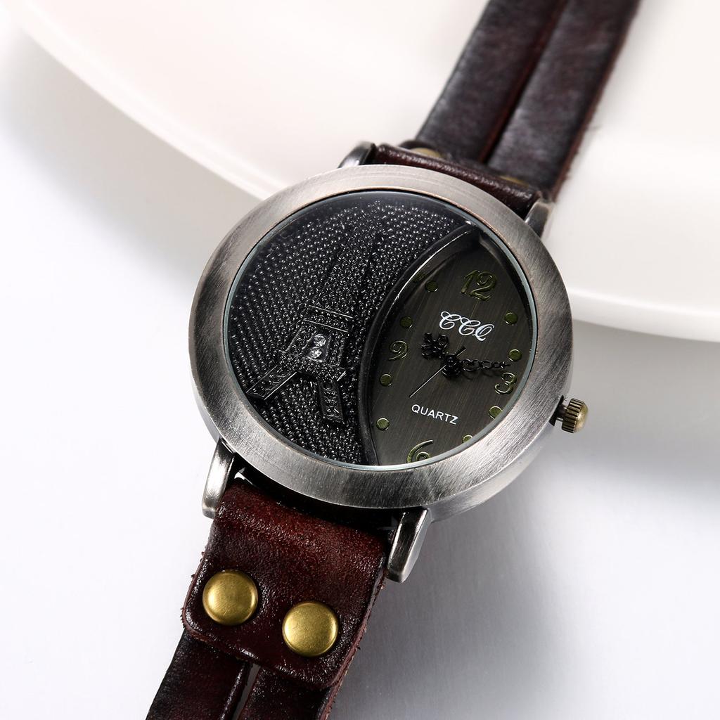 JewelryWe Antique Eiffel Tower Design Leather Analog Quartz European Punk Brown Watch, 4-Way Display, Band, Display, Movement, Style, Unisex,