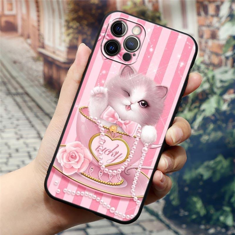 Apple Hülle für iPhone 11 12 13 mini Pro Max XS X XR 7 8 6 plus SE 2020 Weiche Silikonhüllen Cover Niedliche Cartoon Katze Blume Tier
