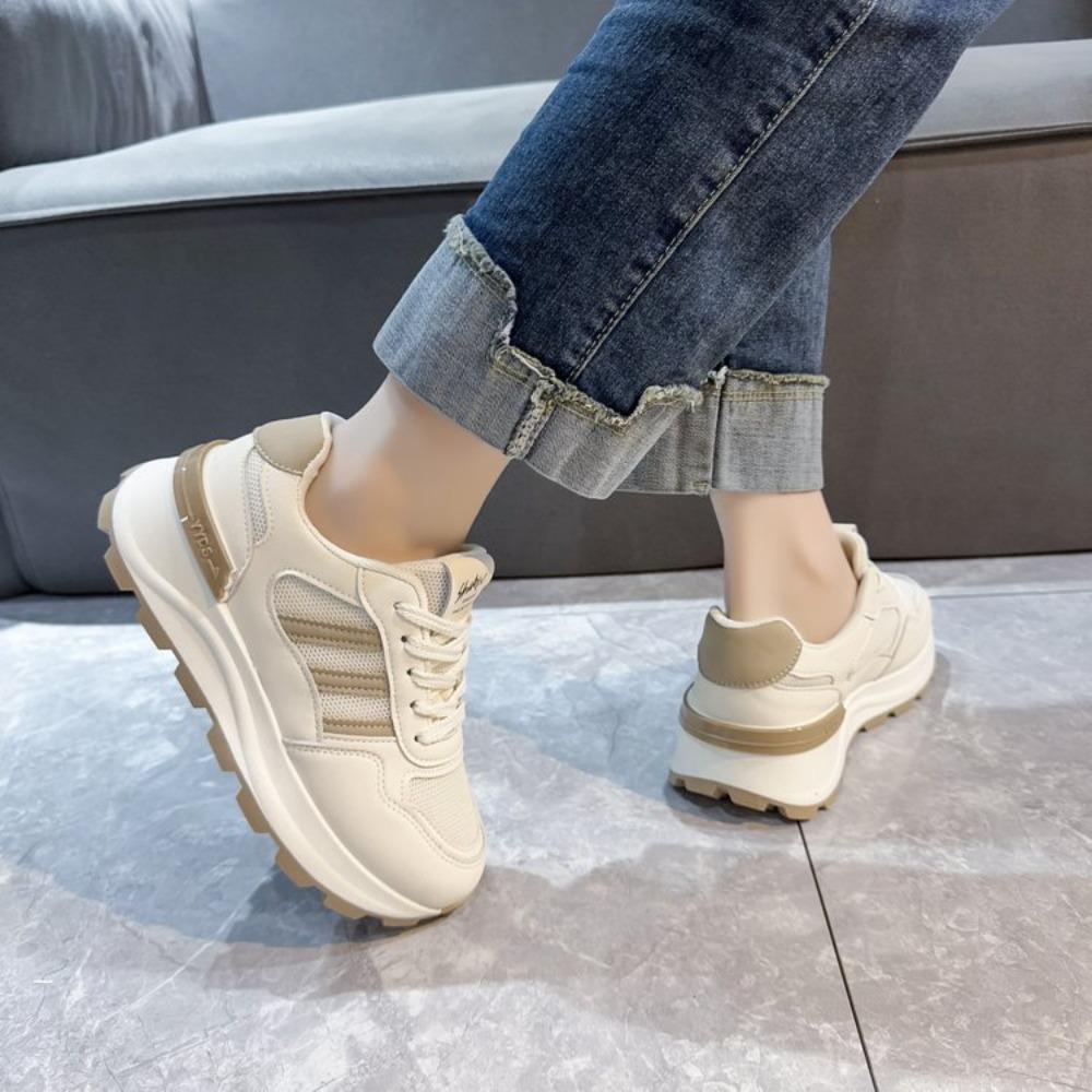 Thick Sole 2025 New Summer Autumn Women's Casual Board Shoes Spliced Sports Leather Surface Student Shoes
