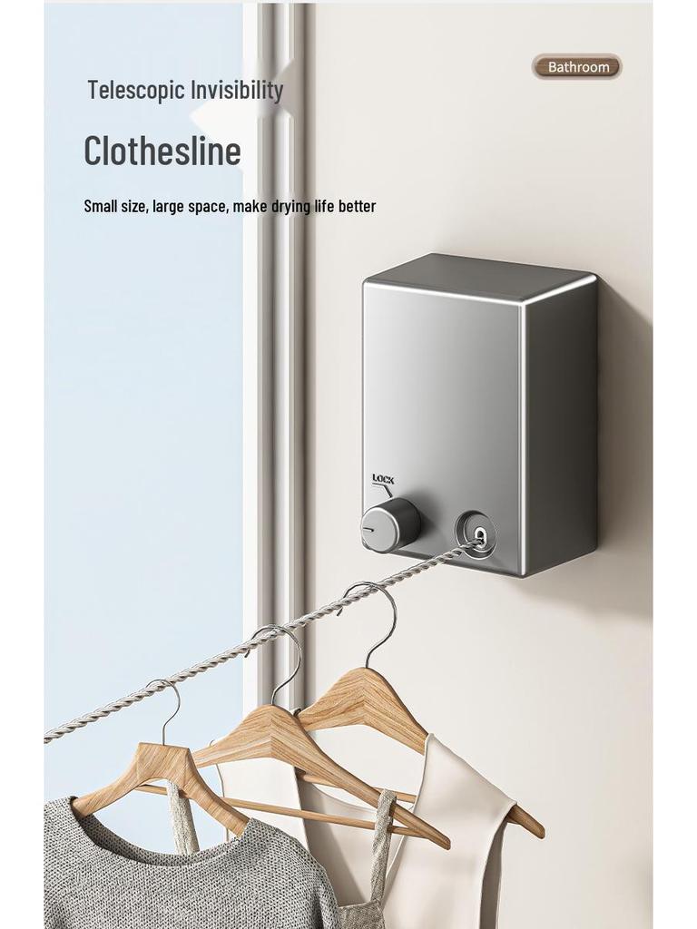 Gun Gray Retractable Invisible Clothesline for Indoor, No-Punch Installation; Ideal for Bathroom or Balcony.