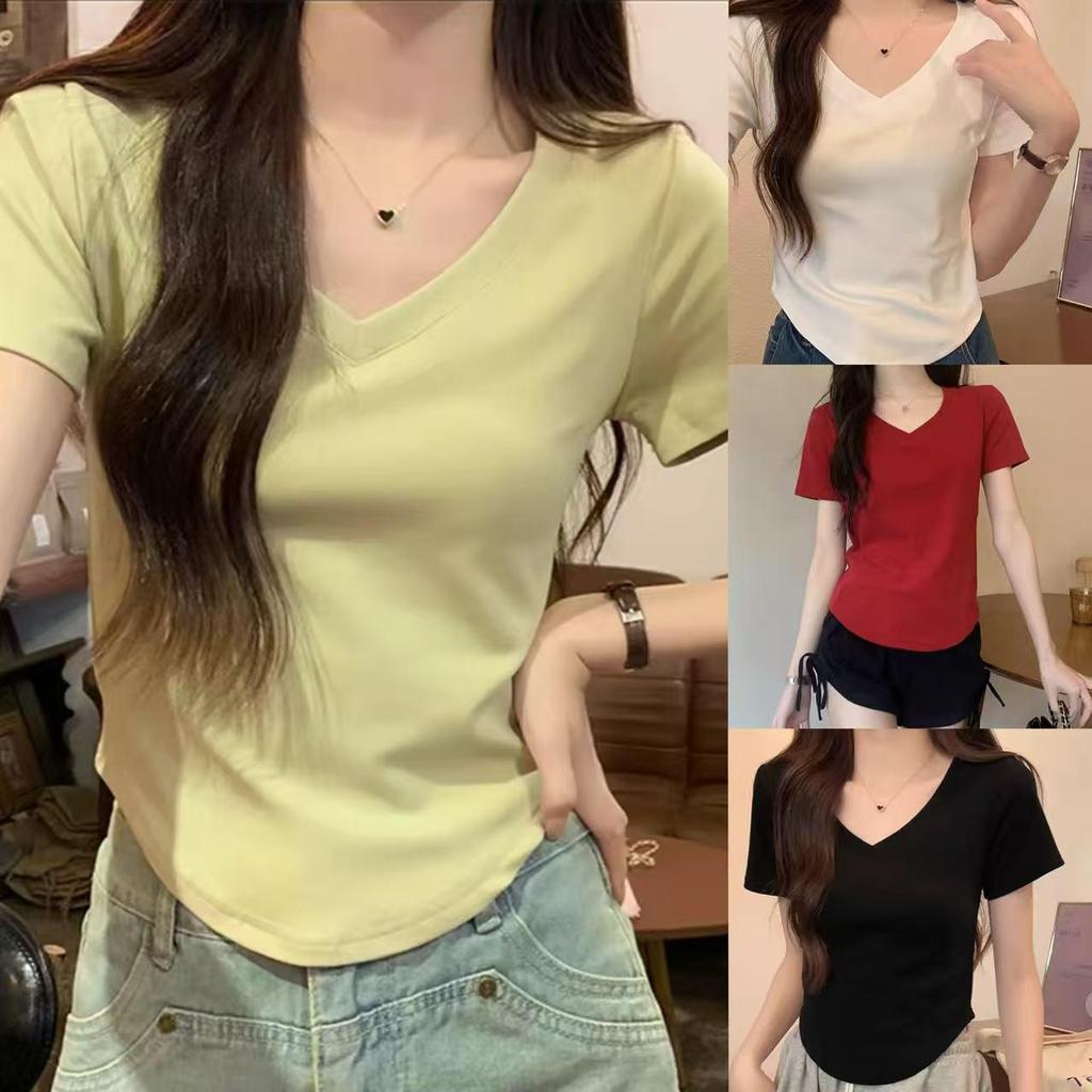 2026 Summer New Slim Fit V-Neck Short-Sleeve T-Shirt for Petite Women