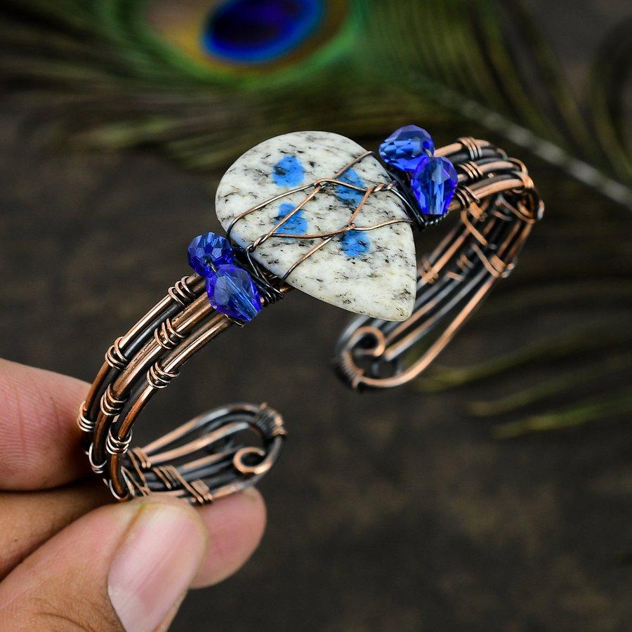 Natural K2 Azurite Gemstone Handmade Copper Wire Wrap Cuff Bangle Adj. p7G51