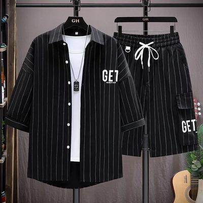 Plus Size 8XL Herren Sommeranzug Kurzarmhemd Herren Gestreiftes Hemd und Shorts Modeanzug