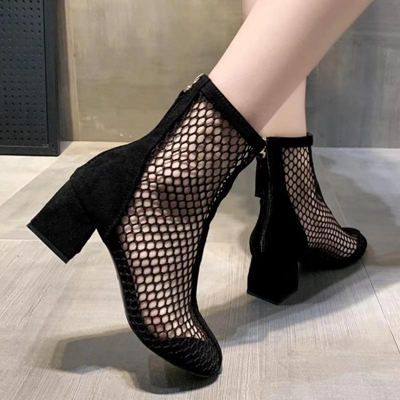 Fashion Mesh Square Heel Cooling Boots Summer New Thin Cutout Breathable Mesh Rear Zipper Round Toe Non-Slip Heel Booties