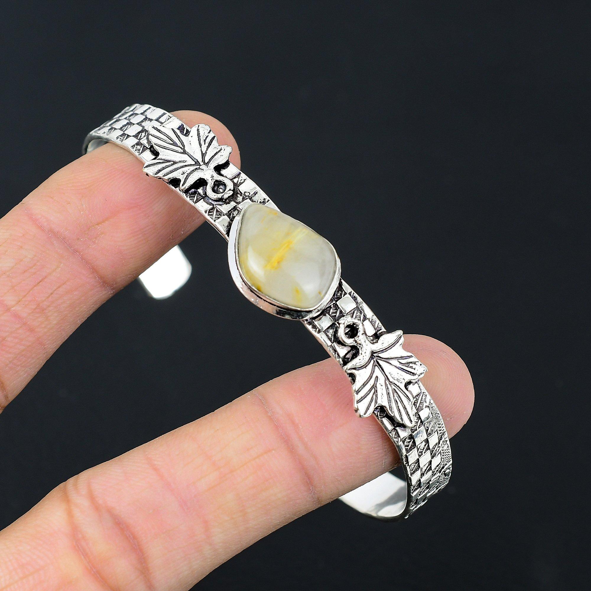 

Daughters Day Deal 925 Silver Natural Golden Rutile Artisan Wife Birthday Bangle Adjustable