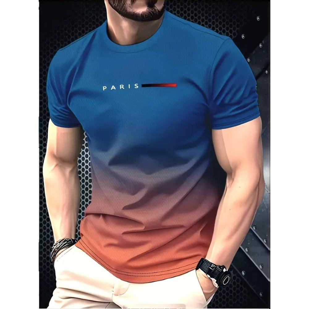 Men's Creative Color blocked 3D Mountain Printed T-shirt Summer Street Trend Sports Round Neck Short Sleeve T-shirt Casual Sportswear