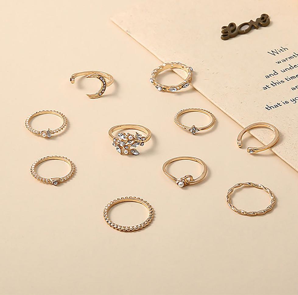 Punk Geometric Metal Moon Heart Rings For Women Men Vintage Gold Color Curved Open Ring Set Fashion Unisex Gift Jewelry