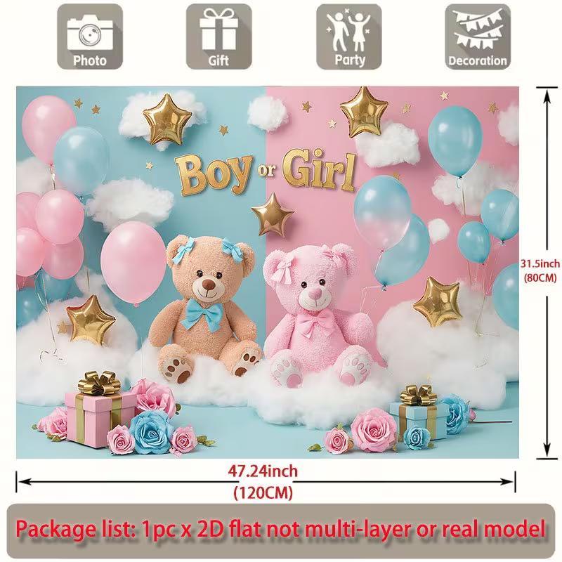 2D Blue Pink Teddy Bear Baby Shower Backdrop, Gender Reveal Photo Background
