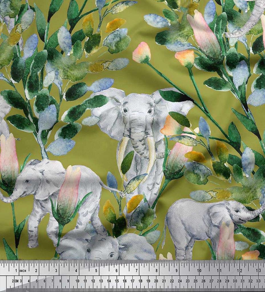 Soimoi Japan Crepe Satin Fabric Leaves,Floral & Elephant Animal Printed Craft Fabric by the metre 42 Inch