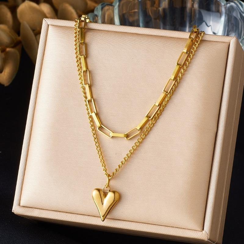 Gold Layered Paperclip and Curb Chain Necklace with Black Heart Pendant золотой