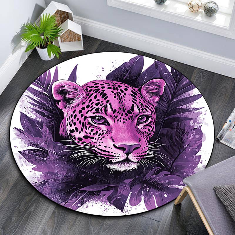 Purple Leopard Round Area Rug,Carpet Rug for Living Room Bedroom Sofa Playroom Decor,Non-slip Floor Mat