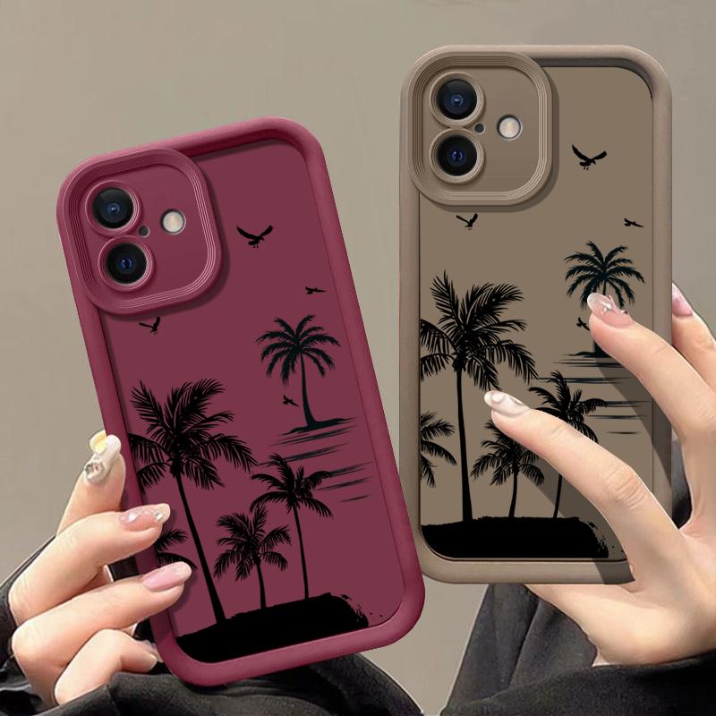 Coconut Tree Pattern Matte Phone Case For iPhone 16 Pro Max 15 Pro 14 13 12 11 Lens Protection Shockproof Soft TPU Bumper Cover
