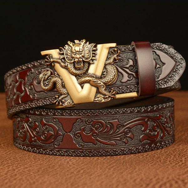 Högkvalitativ herrko läderbälte Personlighet Kran Retro Drakklo Automatiskt spänne Läderbälte Byxbälte