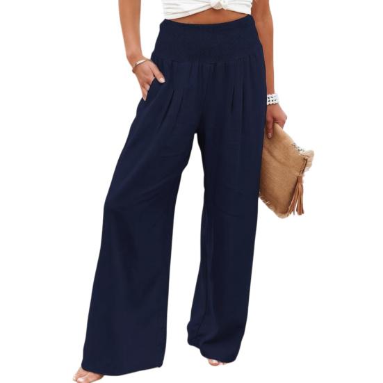 Women Pants Pleated Elastic Waist Straight Wide Leg Long Trousers with Pockets Pure Color Loose Fit Summer Lounge Pants