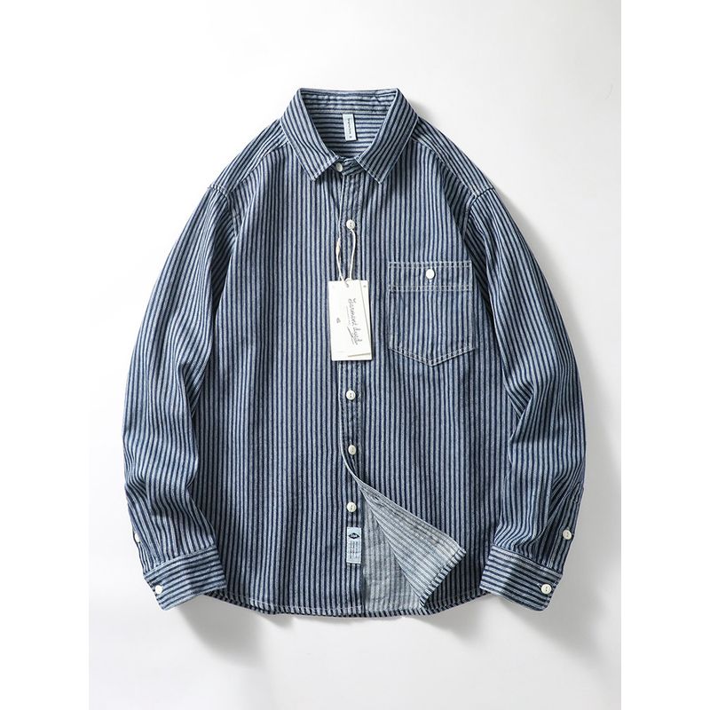 Japanese Style Vintage Stripe Denim Shirt Jacket Men Trendy Brands Autumn Long Sleeve Export Men's Clothing Casual Work Clothes Shirt