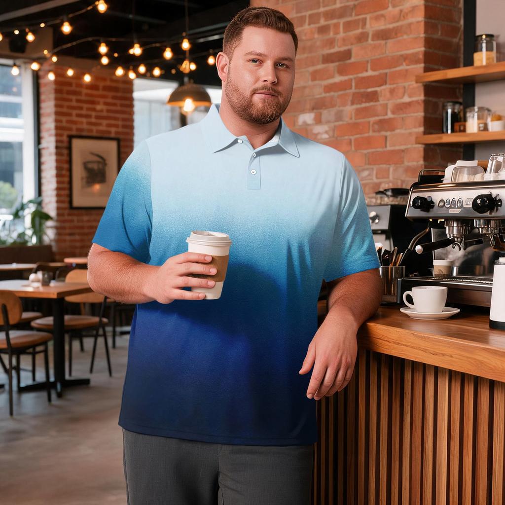 Men's Big Size Gradient Print Golf Polo Shirt Breathable Short Sleeve Collared Casual Workwear Top