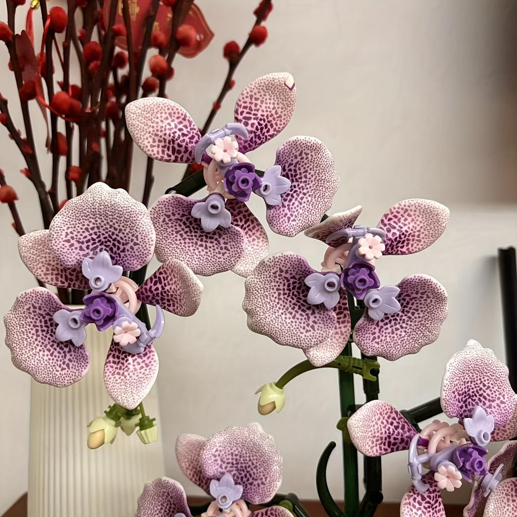 Phalaenopsis Purple Orchid Flower Building Block Set - Realistic Purple And Green Diy Model Kit Includes Blooming Orchids Lifelike Plants