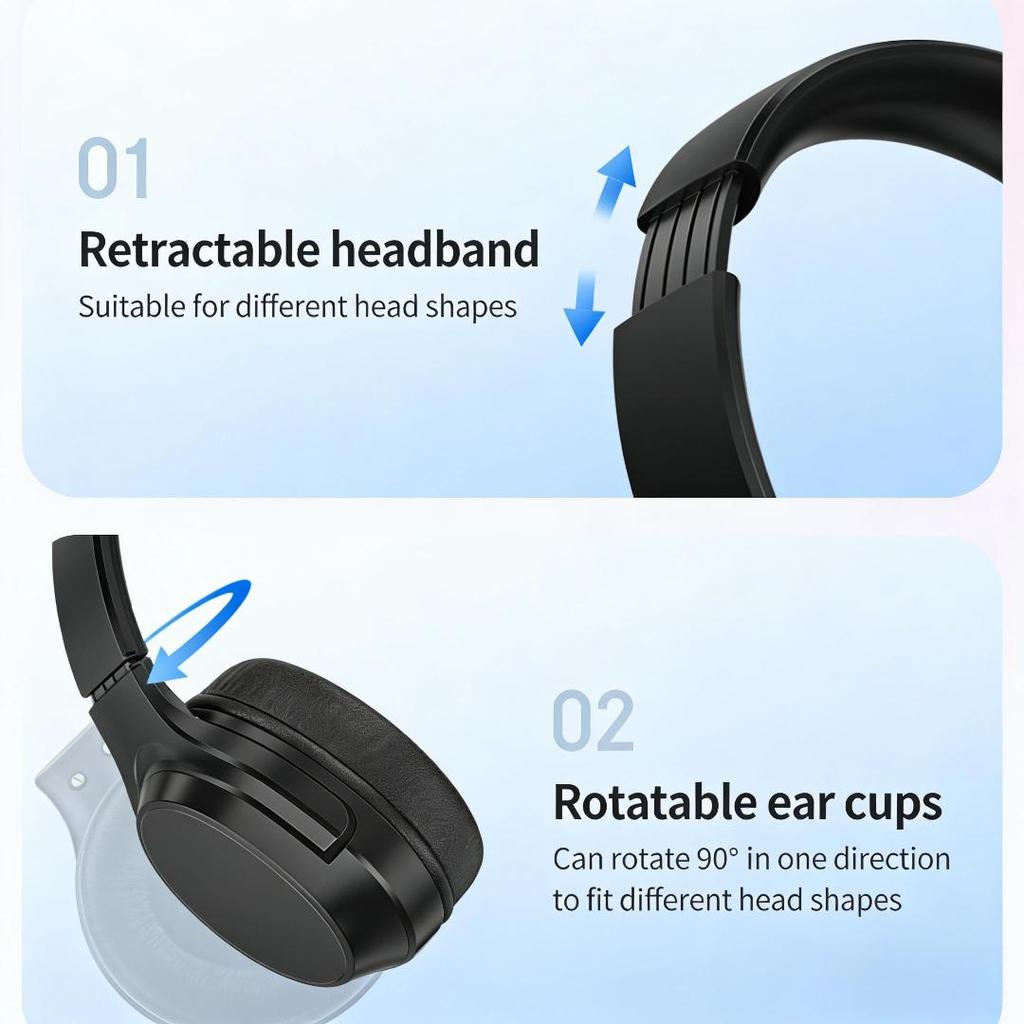 Newmine TB106 Headphones, Over-Ear Bluetooth Wireless Headphones, Long Battery Life, Noise-Cancelling, Foldable, Black