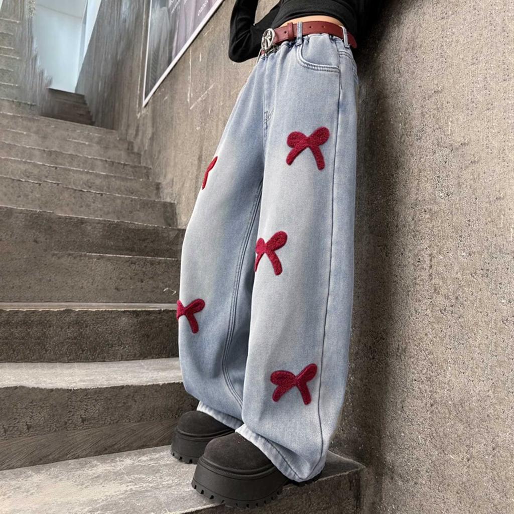 Girls High Waist Denim Wide Leg Pants with for Casual Everyday Wear
